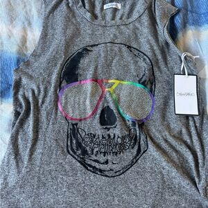 NWT Lauren Moshi Gray Rhinestone Bling Skull Tank Top! Size XS!